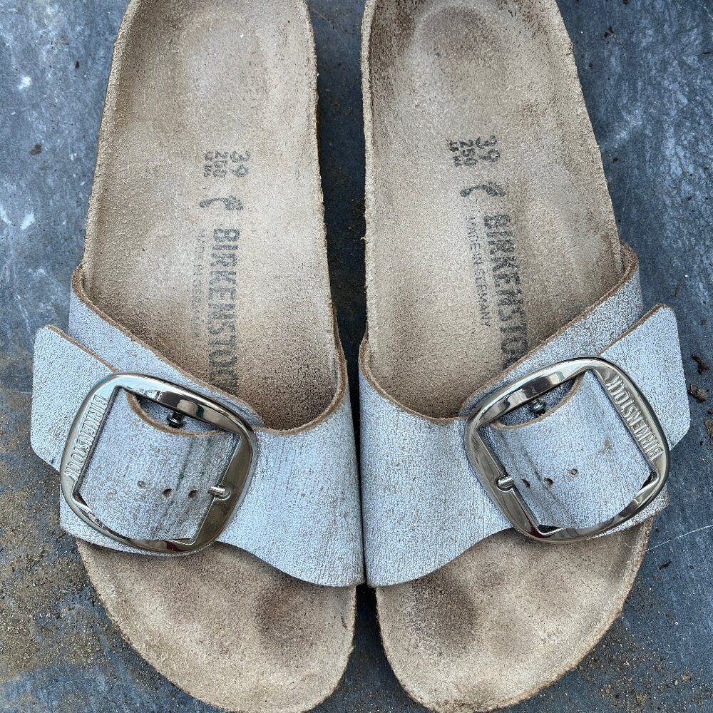 Birkenstock Leather Metallic Silver Big Madrid Buckle Sandals